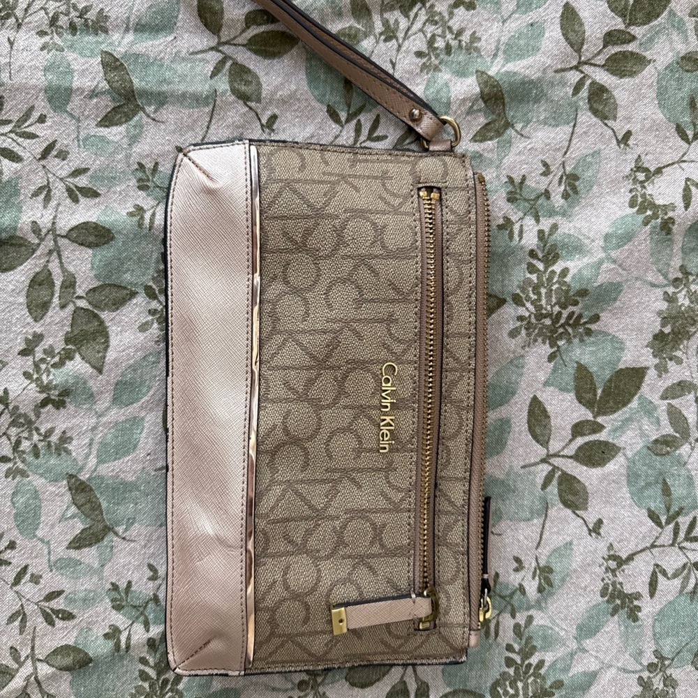 Calvin Klein Monogram Tan Wristlet Clutch